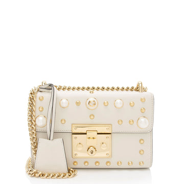 Gucci Pearl Embellished Leather Padlock Small Shoulder Bag (SHF-2JmpQy)