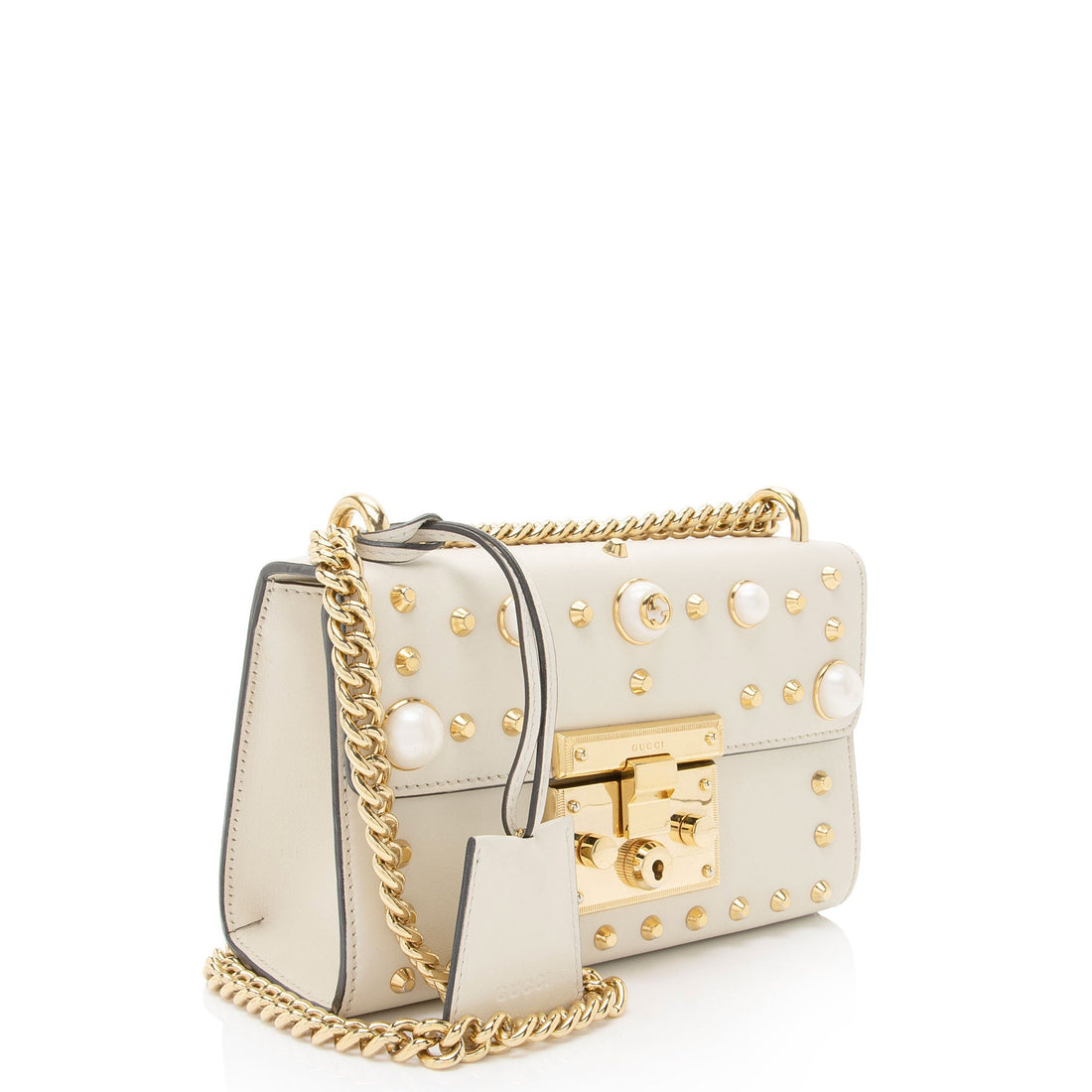 Gucci Pearl Embellished Leather Padlock Small Shoulder Bag (SHF-2JmpQy)