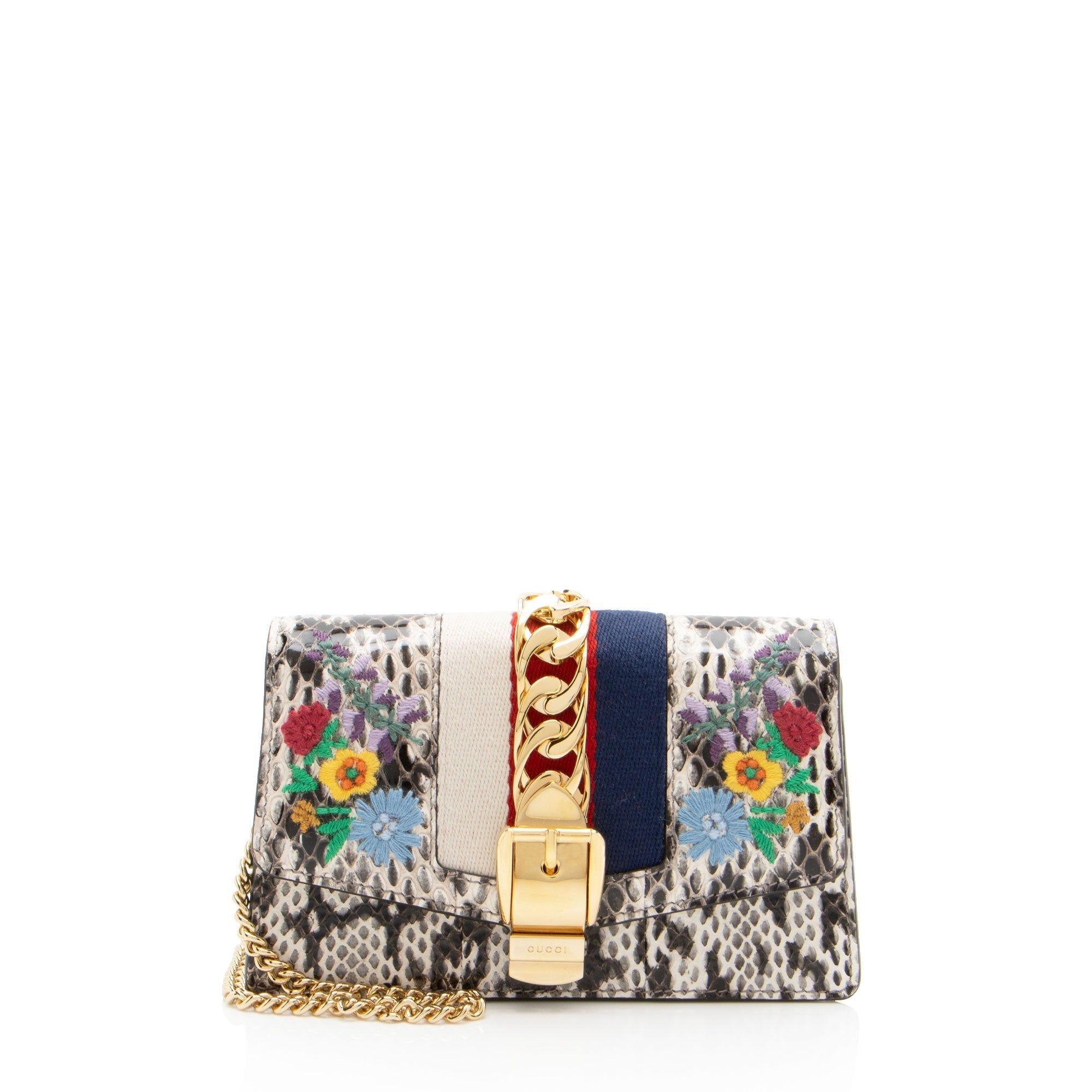 Gucci Python Floral Embroidered Sylvie Super Mini Shoulder Bag (SHF-GgSM5V)