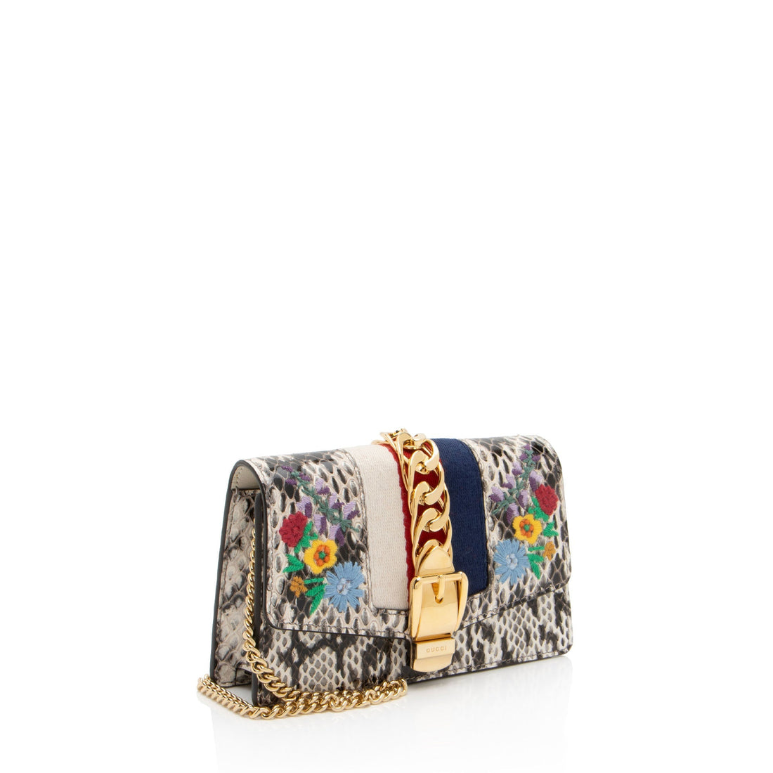Gucci Python Floral Embroidered Sylvie Super Mini Shoulder Bag (SHF-GgSM5V)