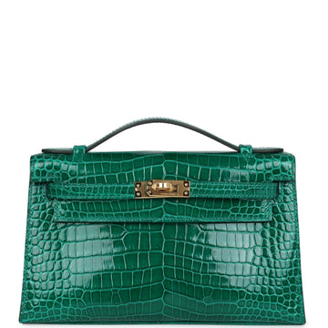 Hermes Kelly Pochette Emerald Shiny Porosus Crocodile Gold Hardware
