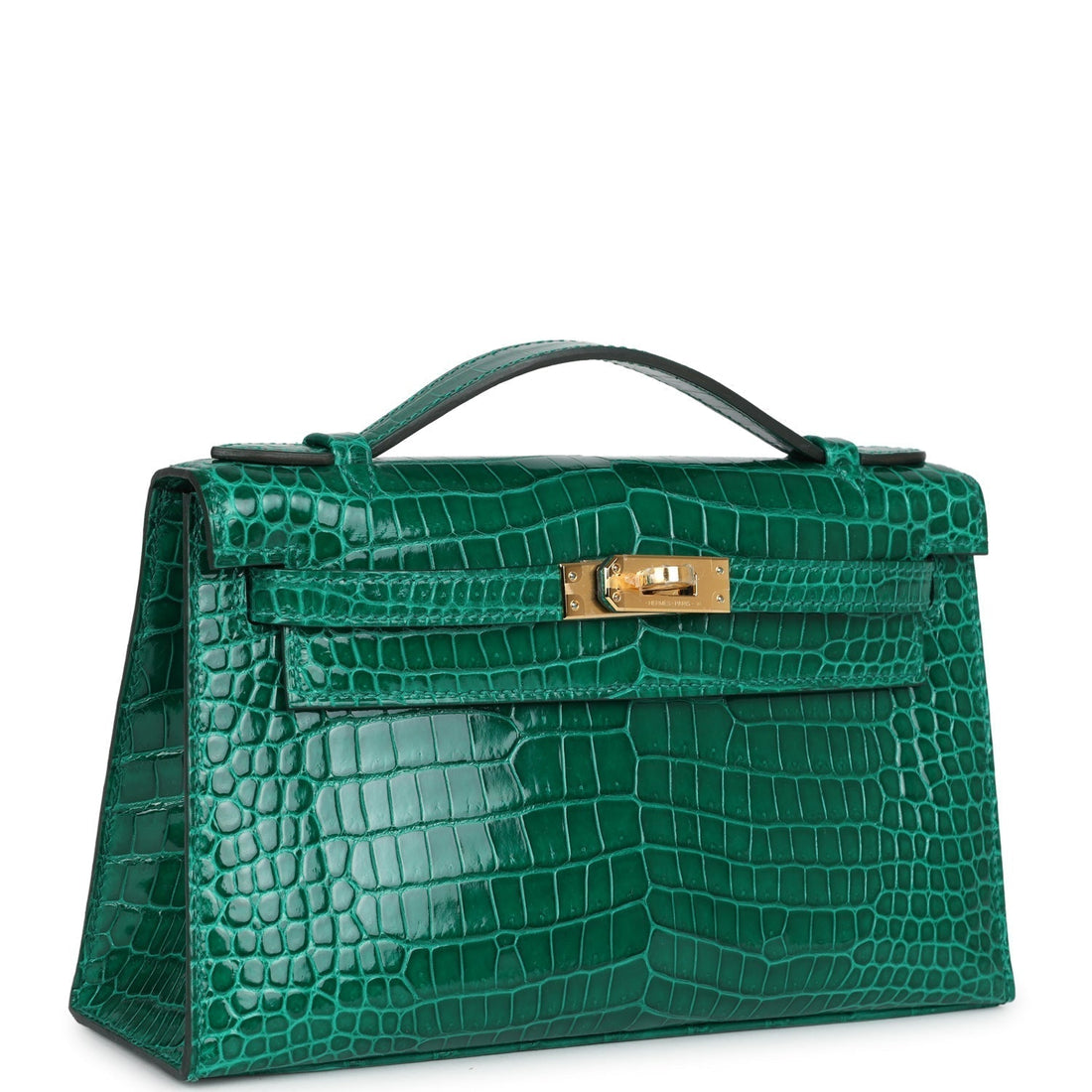 Hermes Kelly Pochette Emerald Shiny Porosus Crocodile Gold Hardware