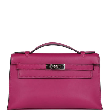 Hermes Kelly Pochette Rose Pourpre Swift Palladium Hardware