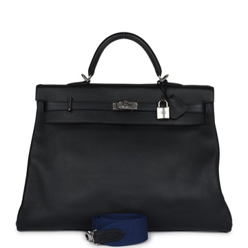 Hermes Kelly Voyage 50 Black Evercolor Palladium Hardware