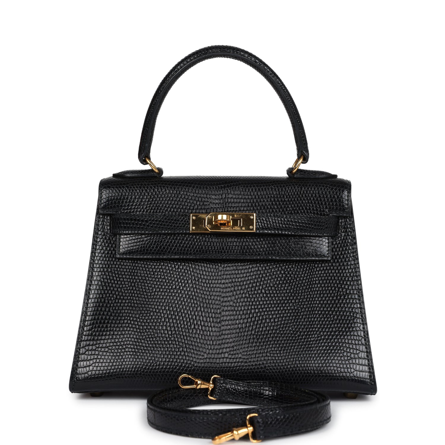Hermes Kelly Sellier 20 Black Varanus Salvator Lizard Gold Hardware