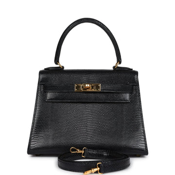 Hermes Kelly Sellier 20 Black Varanus Salvator Lizard Gold Hardware