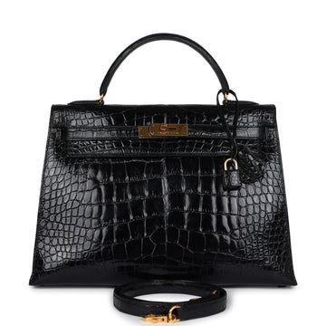 Hermes Kelly Sellier 32 Black Shiny Alligator Gold Hardware