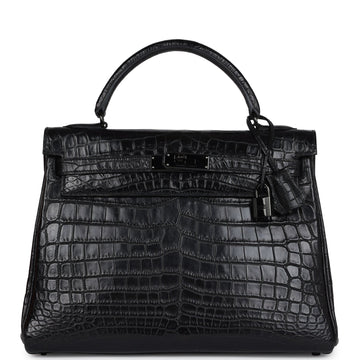 Hermes Kelly Retourne 32 SO Black Matte Niloticus Crocodile Black Hardware