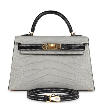 Hermes Special Order (HSS) Kelly Sellier 20 Gris Perle and Black Matte Alligator Gold Hardware