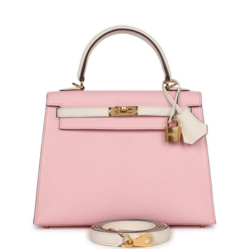Hermes Kelly Sellier 25 Rose Sakura and Nata Chevre Gold Hardware