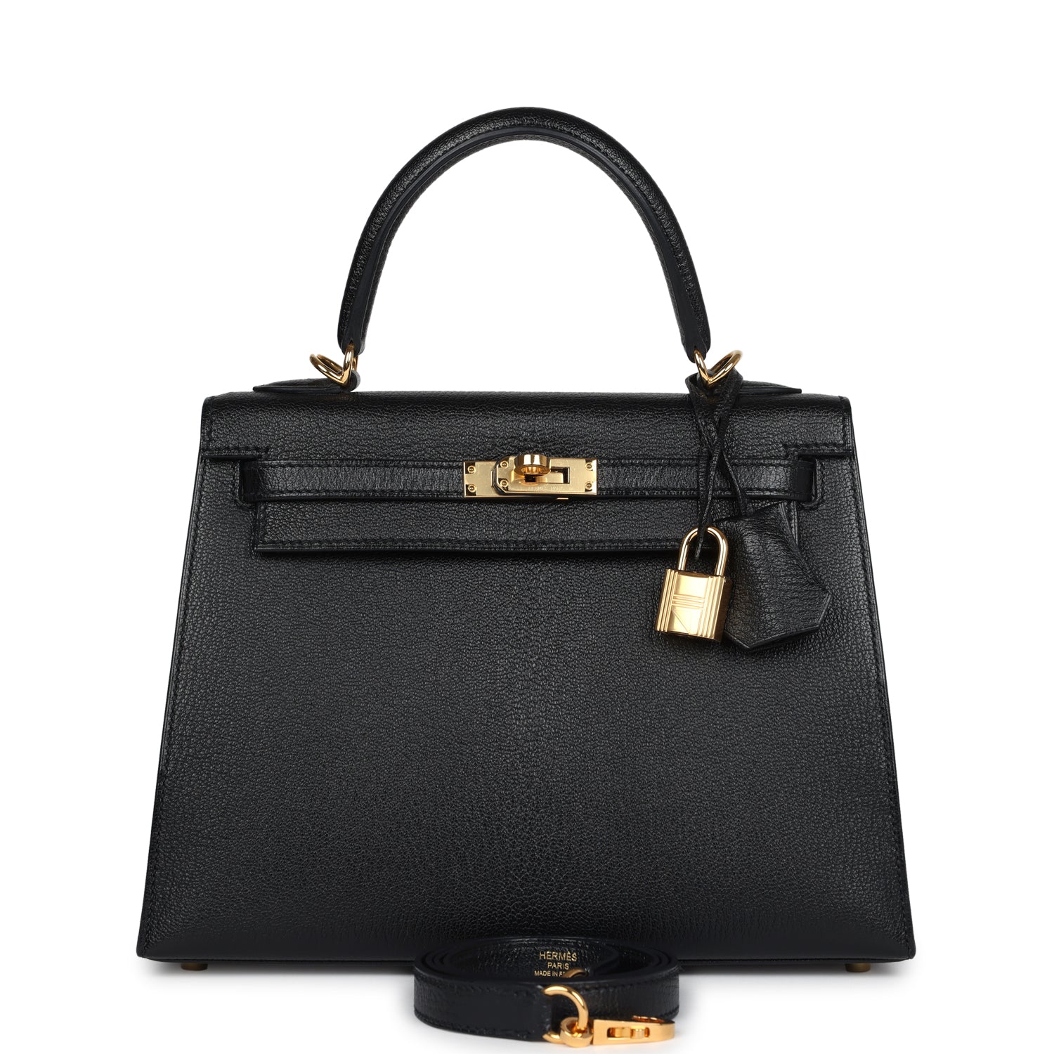 Hermes Kelly Sellier 25 Black Chevre Mysore Gold Hardware