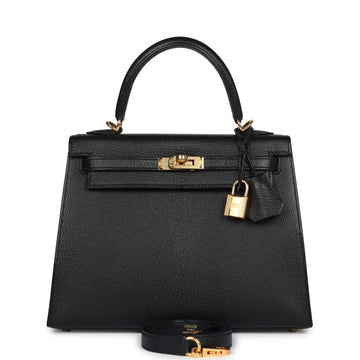Hermes Kelly Sellier 25 Black Chevre Mysore Gold Hardware