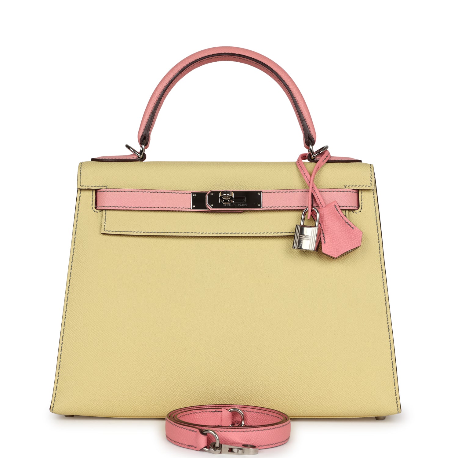 Hermes Special Order (HSS) Kelly Sellier 28 Rose Confetti and Jaune Poussin Epsom Palladium Hardware