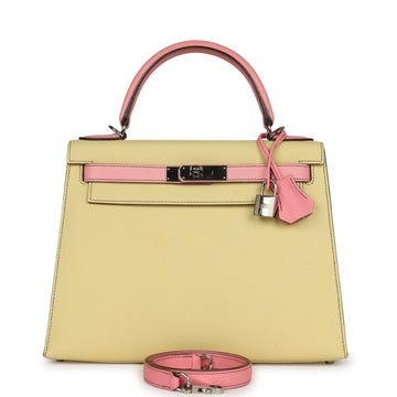 Hermes Special Order (HSS) Kelly Sellier 28 Rose Confetti and Jaune Poussin Epsom Palladium Hardware