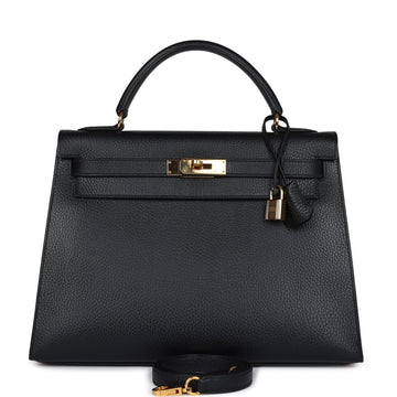 Hermes Kelly Sellier 32 Black Ardennes Gold Hardware