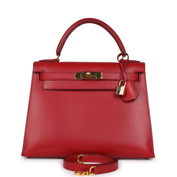 Hermes Kelly Sellier 28 Rouge Vif Box Gold Hardware
