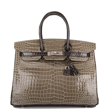 Hermes  Birkin 35cm Bi-Color Gris Tourterelle and Graphite Shiny Porosus Crocodile Brushed Palladium Hardware