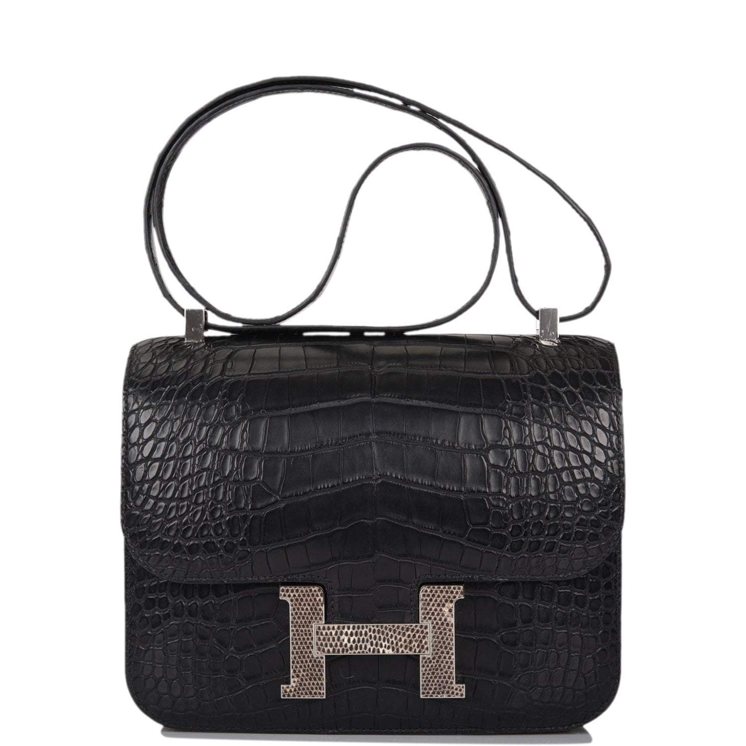 Hermes Black Matte Alligator and Ombre Lizard Marquette Constance 24cm Palladium Hardware
