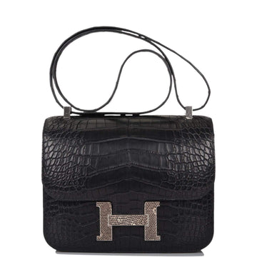 Hermes Black Matte Alligator and Ombre Lizard Marquette Constance 24cm Palladium Hardware