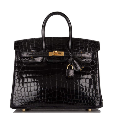 Hermes Black Shiny Niloticus Crocodile Birkin 25cm Gold Hardware