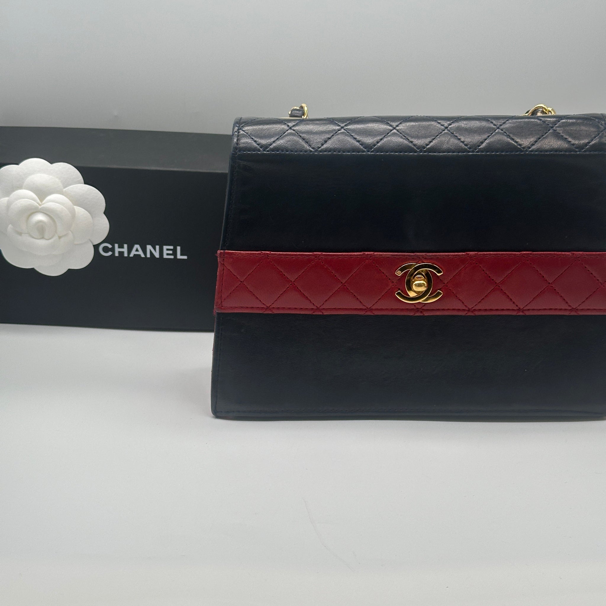 Vintage Chanel Trapizoid Bag Red And Navy Blue