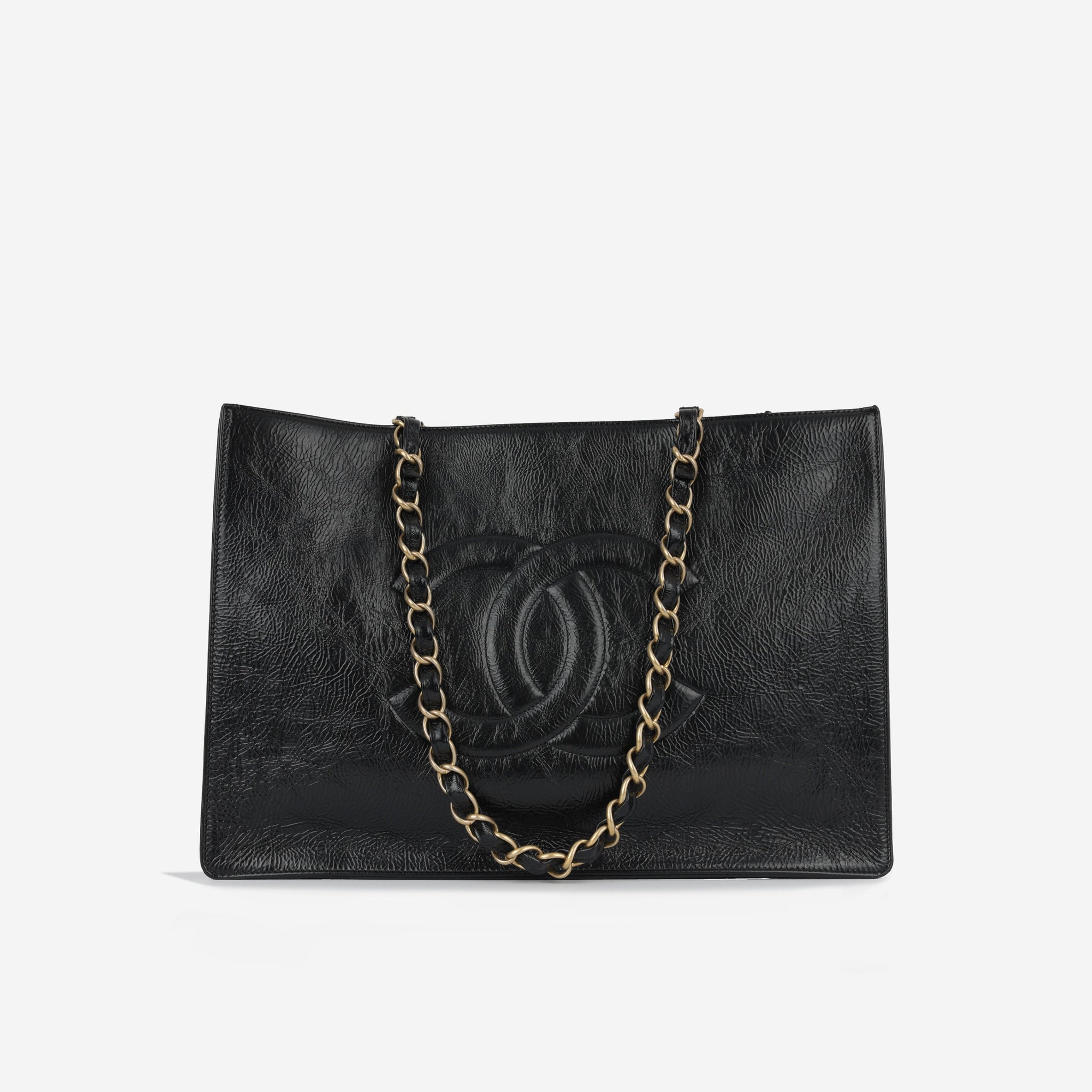 Chanel CC Shopping Tote Black Glazed Calfskin Gold Hardware