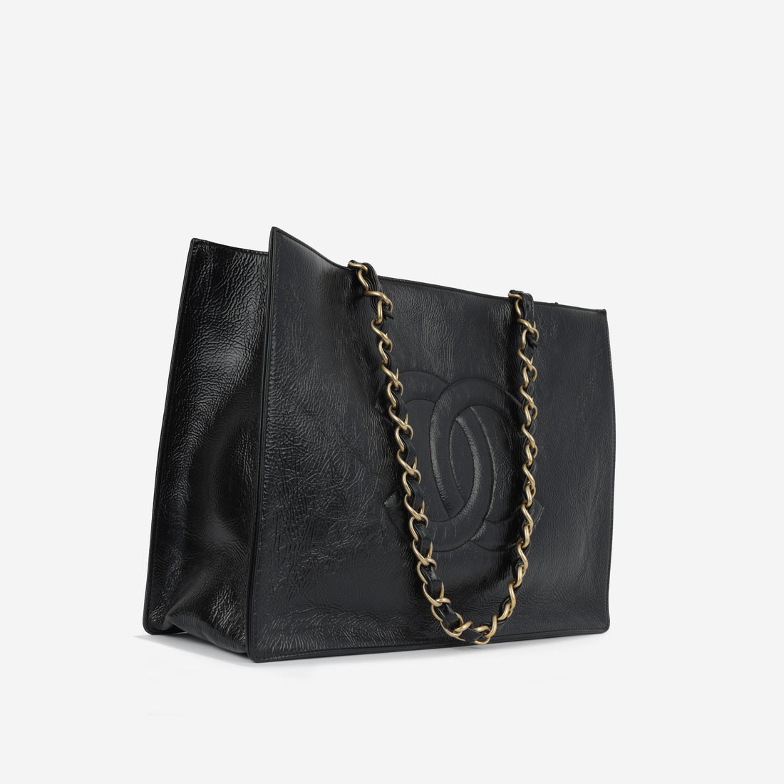 Chanel CC Shopping Tote Black Glazed Calfskin Gold Hardware