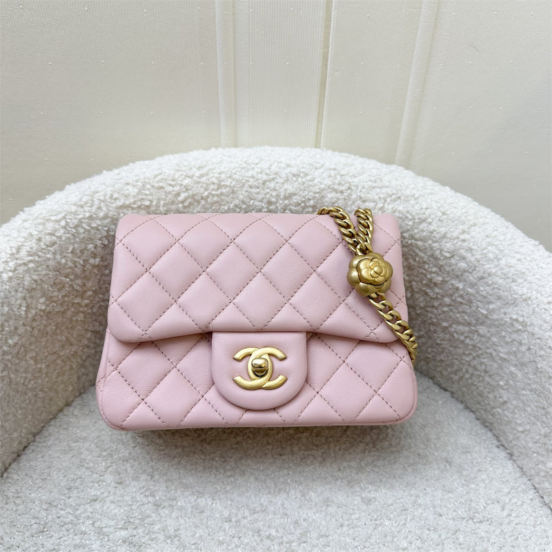 Chanel Camellia Crush Adjustable Chain Mini Square Flap in 23S Sakura Pink Stiff Lambskin and AGHW (Model: AS4040)