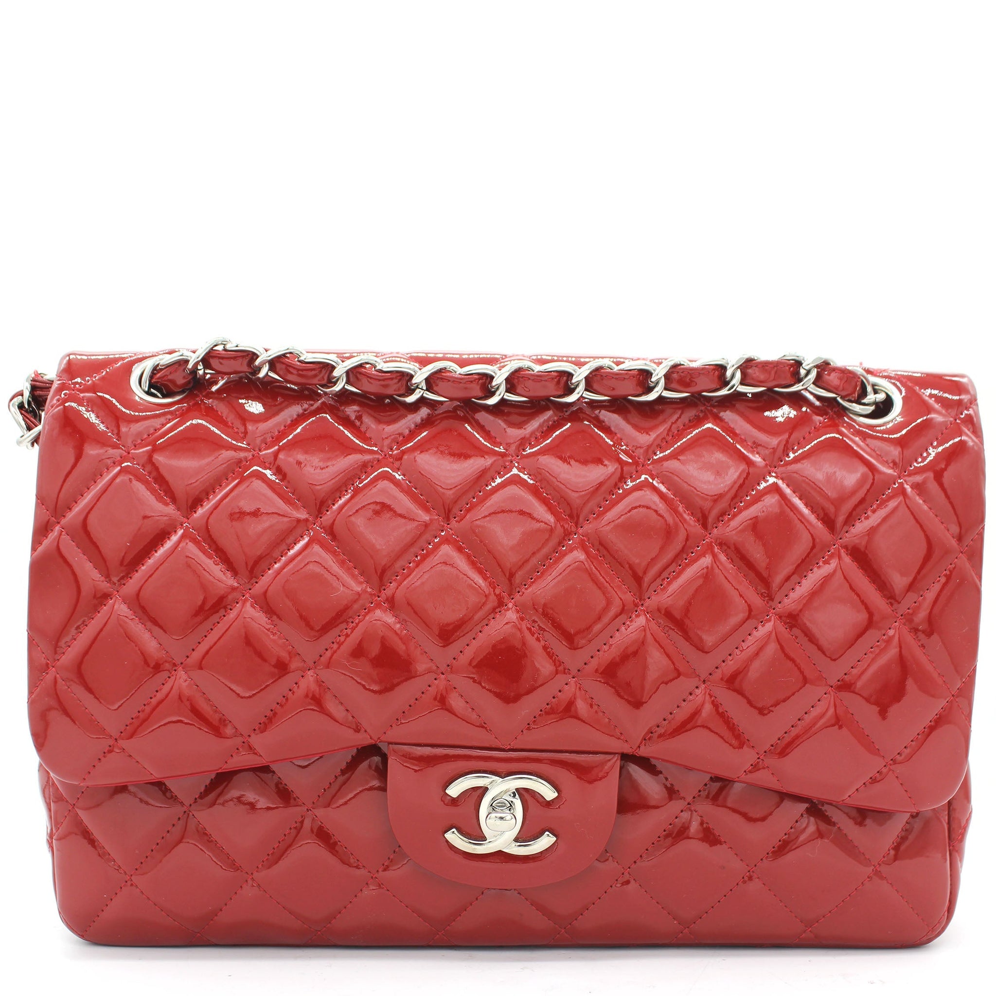 Chanel Quilted Jumbo Double Flap Patent Leather Red