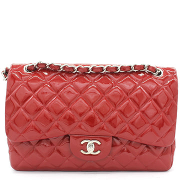 Chanel Quilted Jumbo Double Flap Patent Leather Red