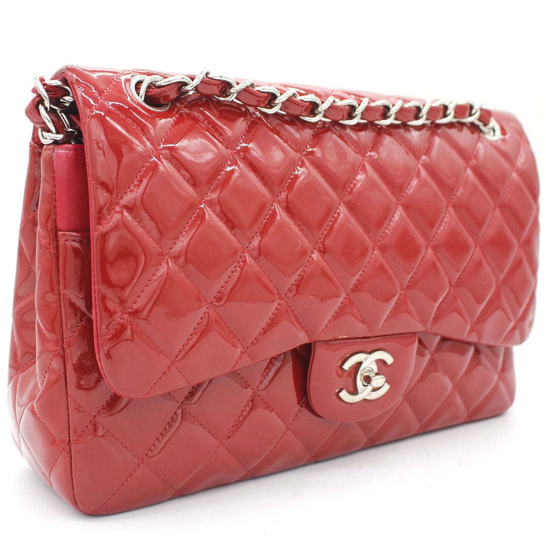 Chanel Quilted Jumbo Double Flap Patent Leather Red