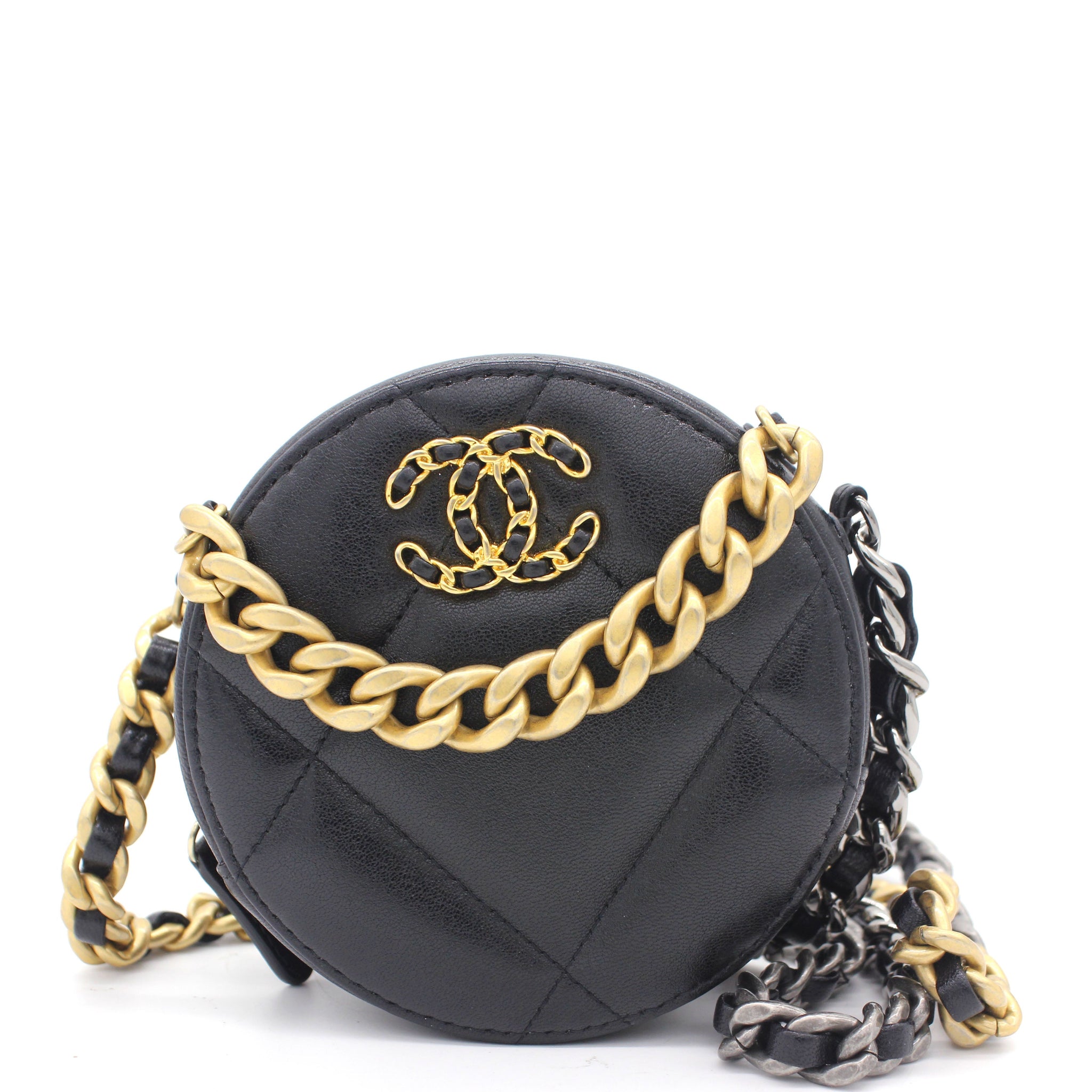 Chanel Lambskin Quilted 19 Round Clutch With Chain Black