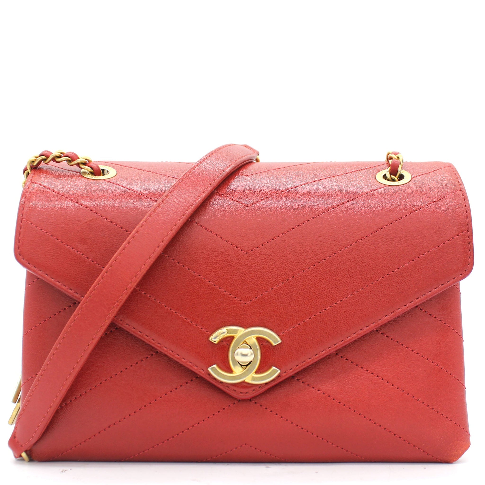 Chanel Calfskin Chevron Stitched Small Coco Flap Bag Red