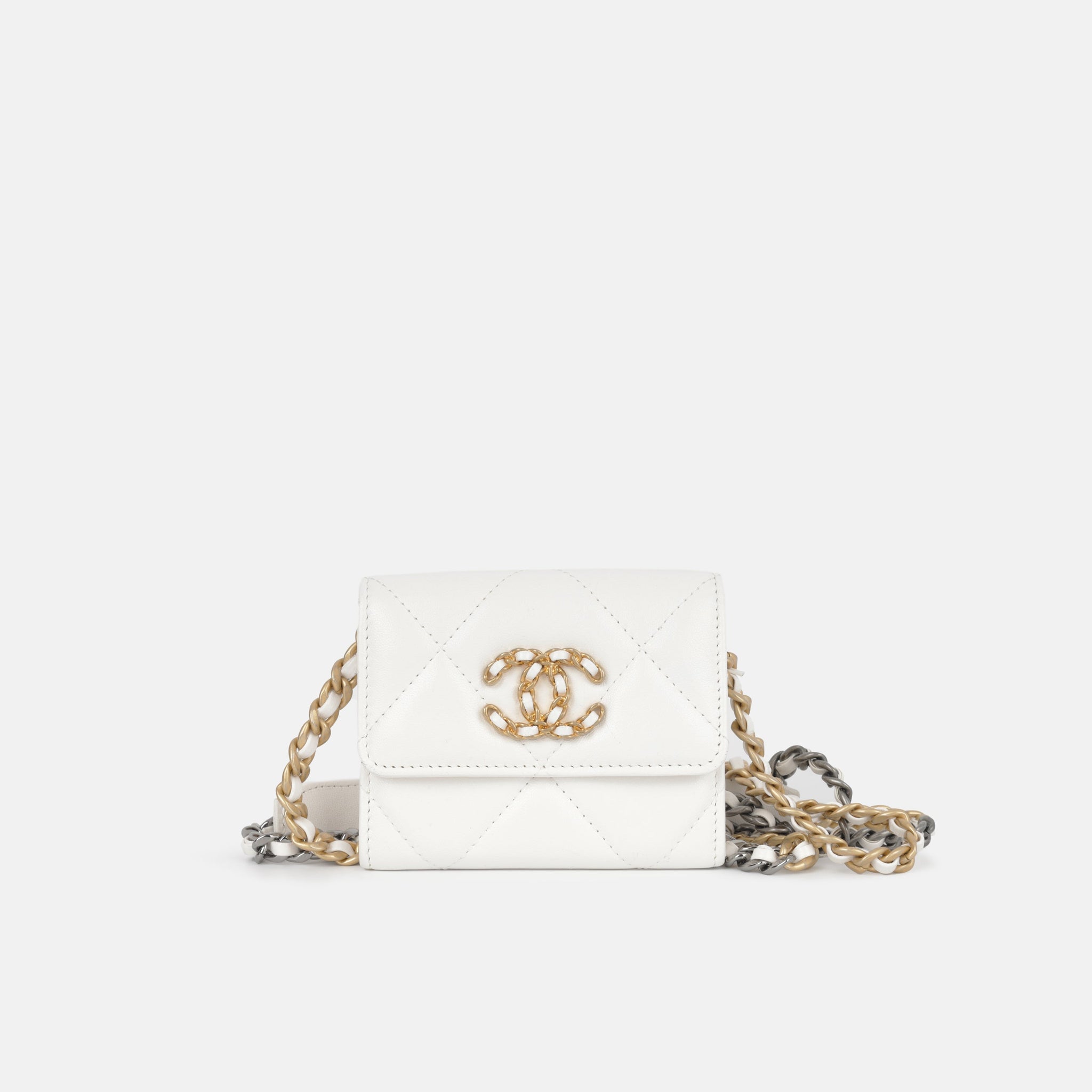 Chanel 19 Cardholder on Chain White Lambskin Gold & Ruthenium Hardware