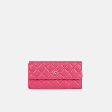 Chanel Long Classic Flap Wallet Pink Lambskin Silver Hardware
