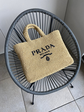 Prada Large Raffia Tote Bag (Tan)