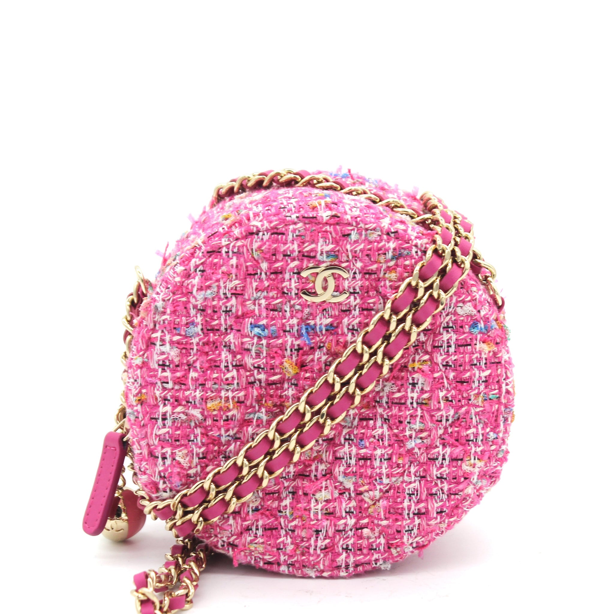 Chanel CC Tweed Fabric Round Clutch With Chain