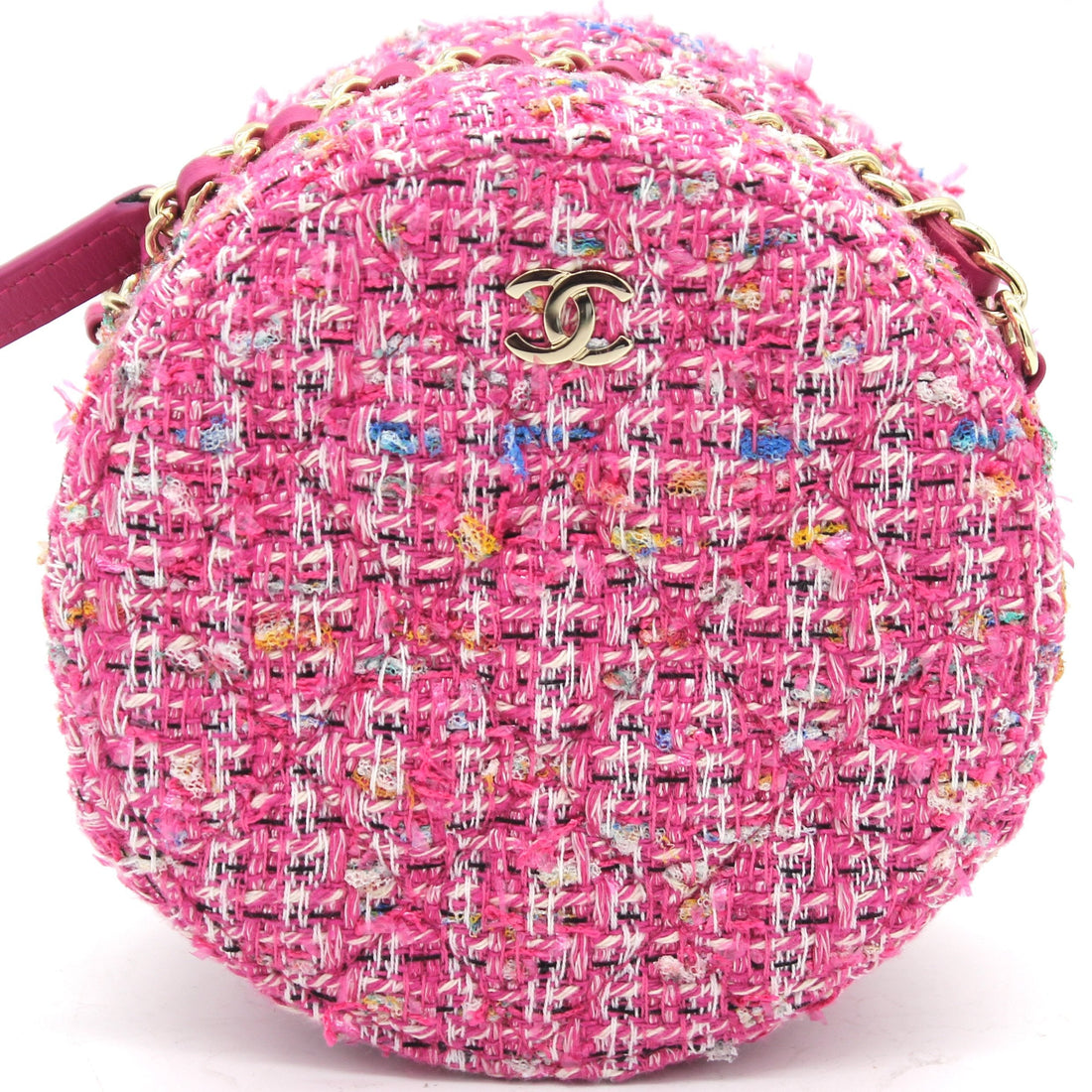 Chanel CC Tweed Fabric Round Clutch With Chain