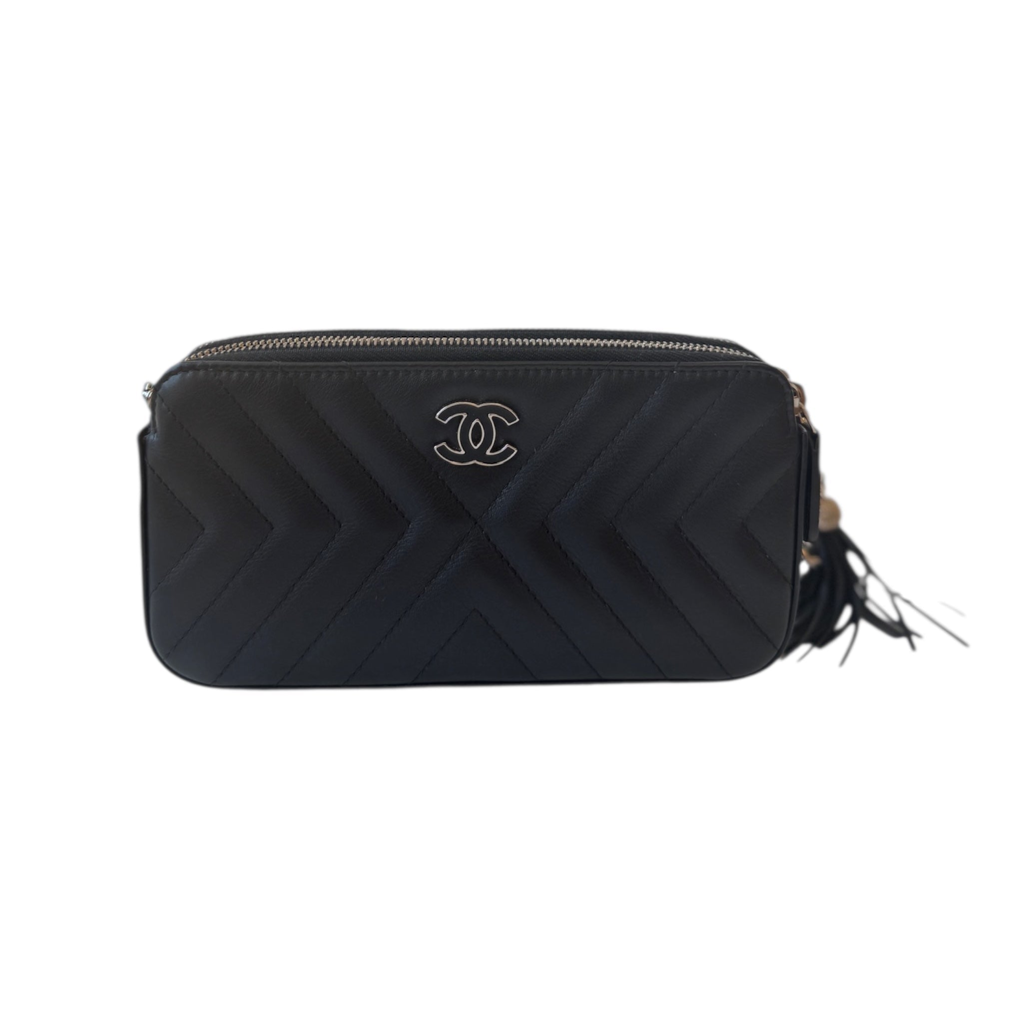 CC Calfskin Chevron Quilted Tassel Clutch With Chain Shoulder Bag