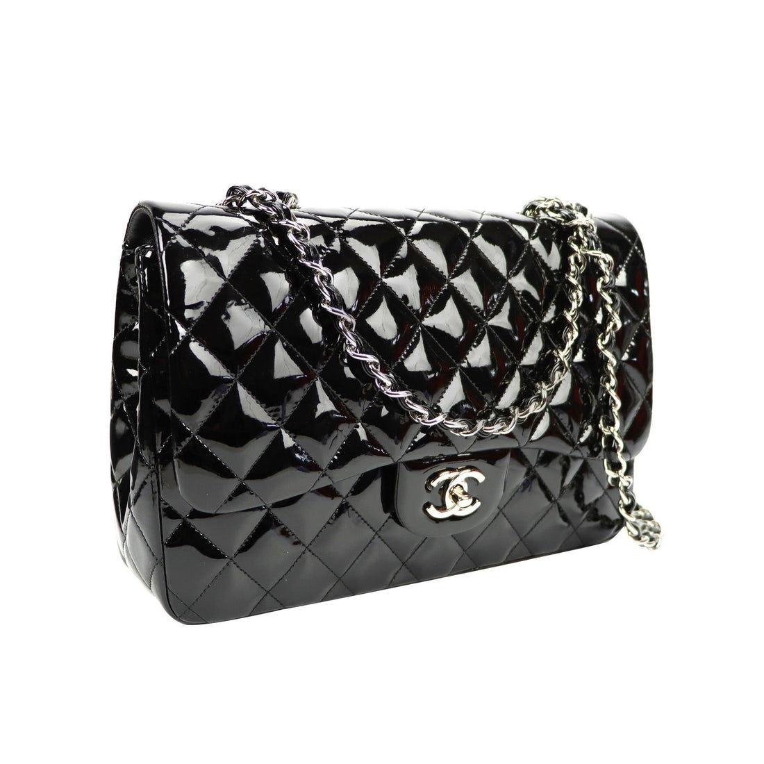 SALE Chanel Classic Single Flap Jumbo Black Patent Leather Silver