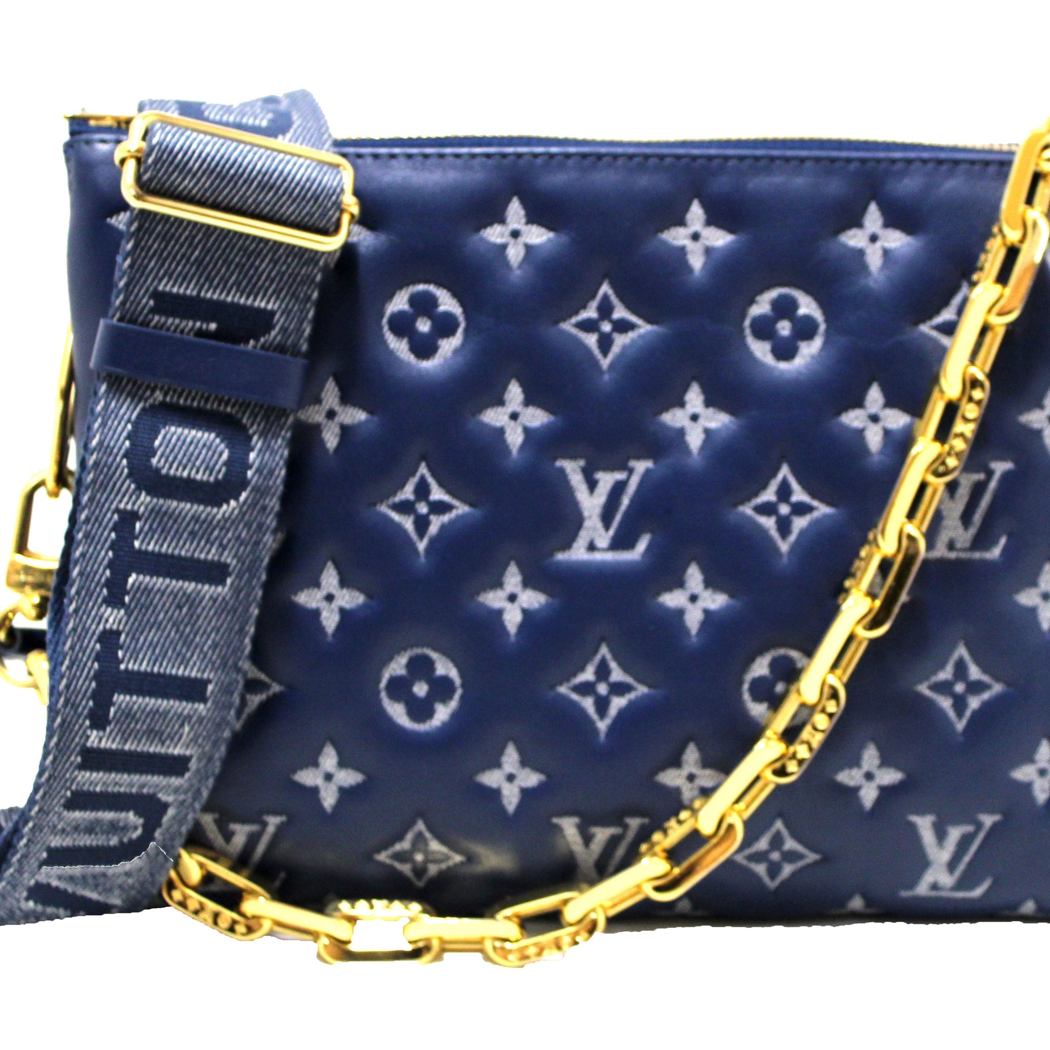 Louis Vuitton Denim Blue Lambskin Embossed Monogram Coussin PM Bag