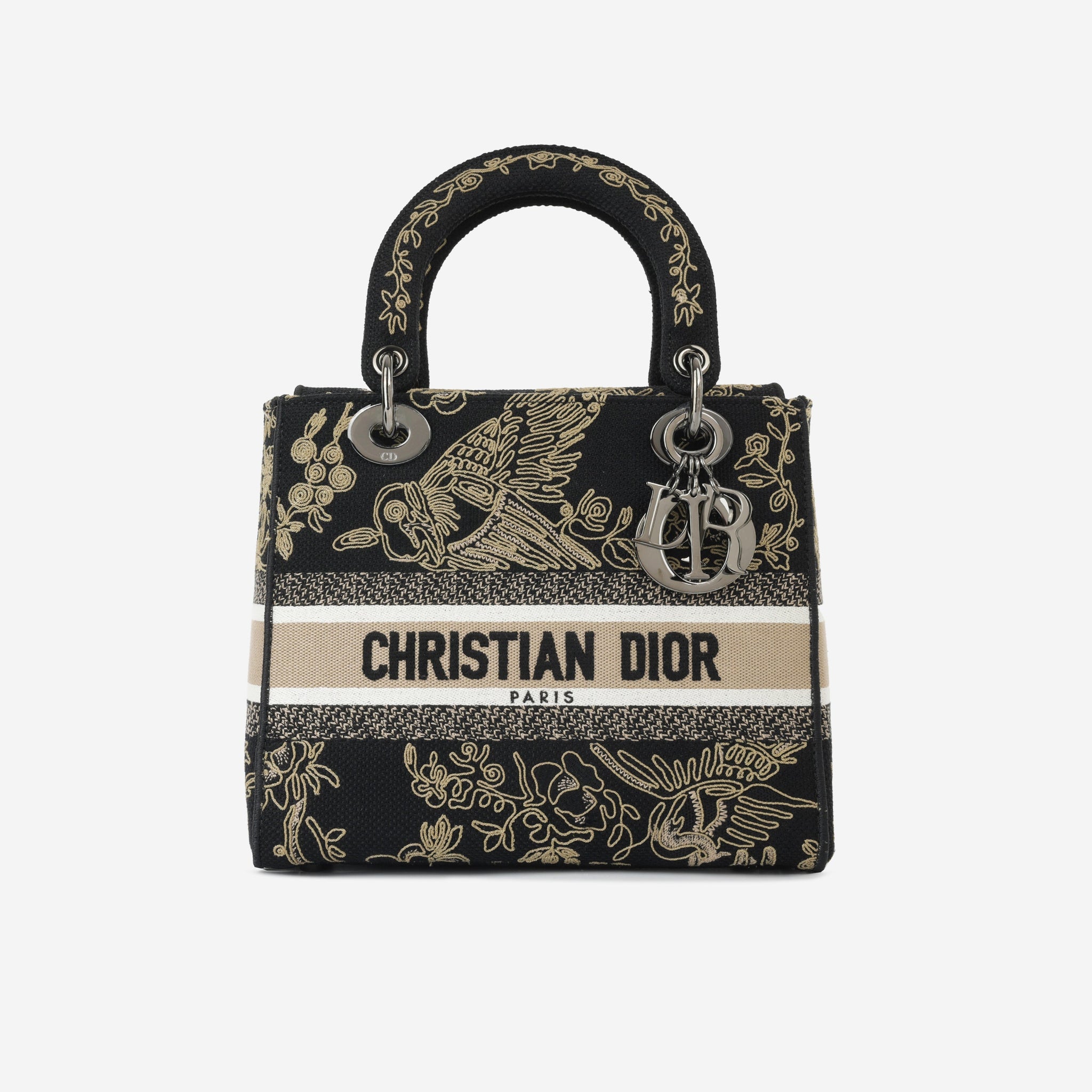 Christian Dior Medium Lady D-Lite Black Embroidered Toile