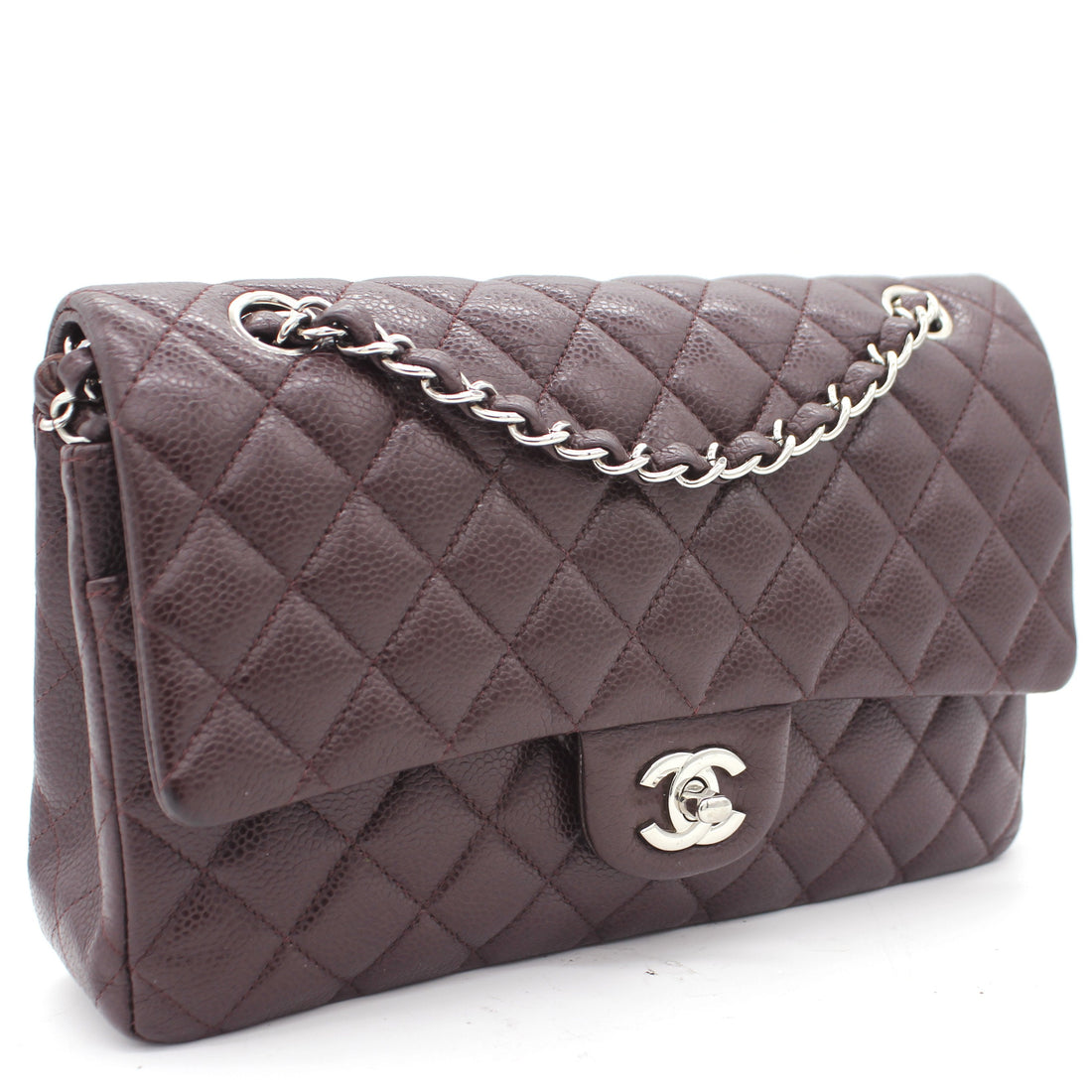 Chanel Burgundy Quilted Caviar Leather Classic Double Flap Bag