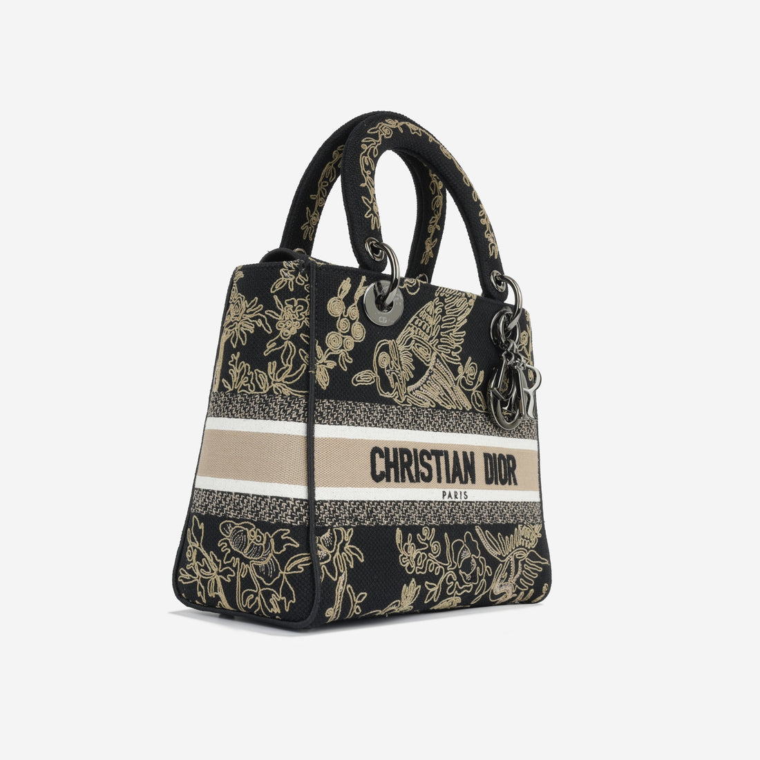 Christian Dior Medium Lady D-Lite Black Embroidered Toile