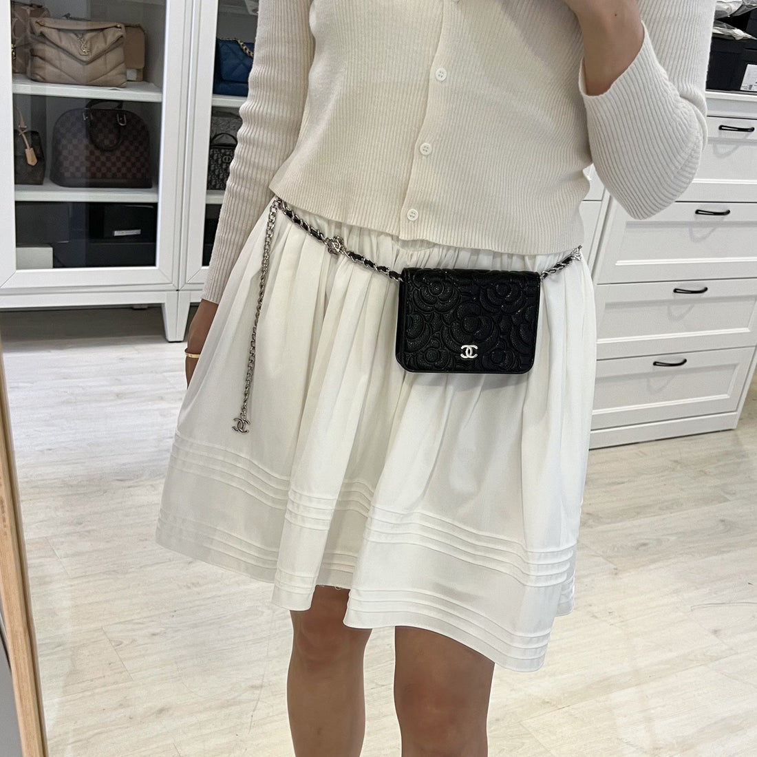 Chanel 20K Camellia Micro Flap / Clutch on Chain Belt Bag in Black Caviar and SHW