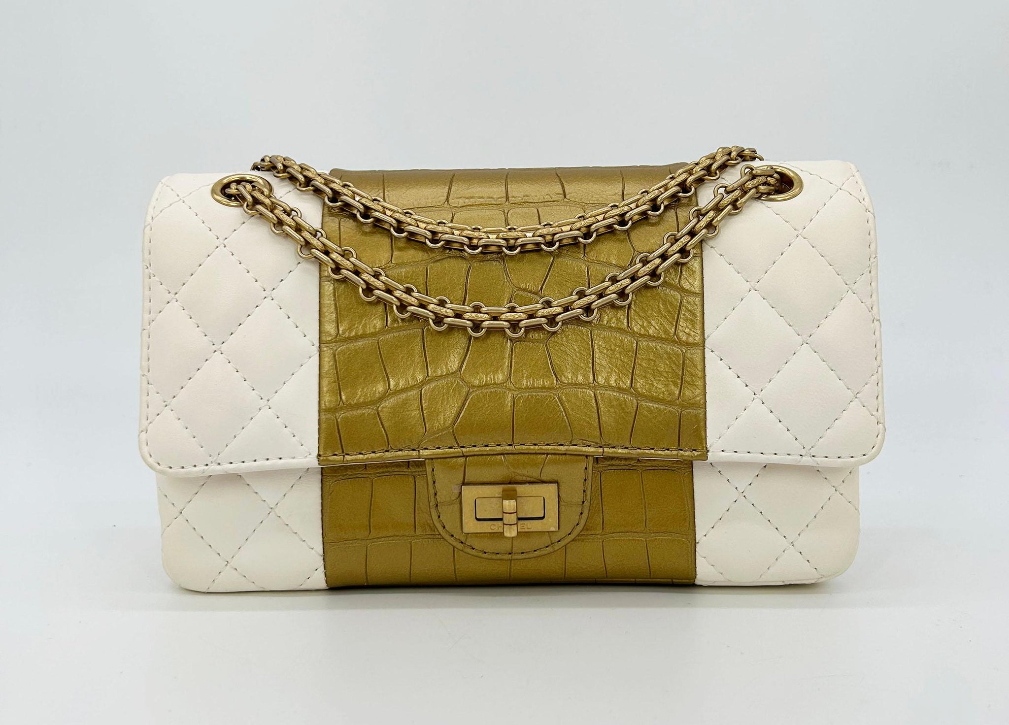 Top Quality Chanel NEW Cream Leather Gold Alligator Double New Classic 2.55 Reissue NWT
