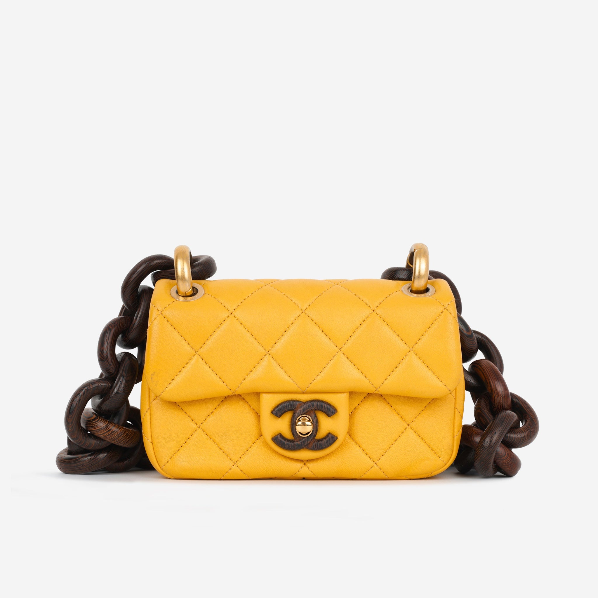 Chanel Mini Square Wenge Wood Yellow Lambskin Gold Hardware