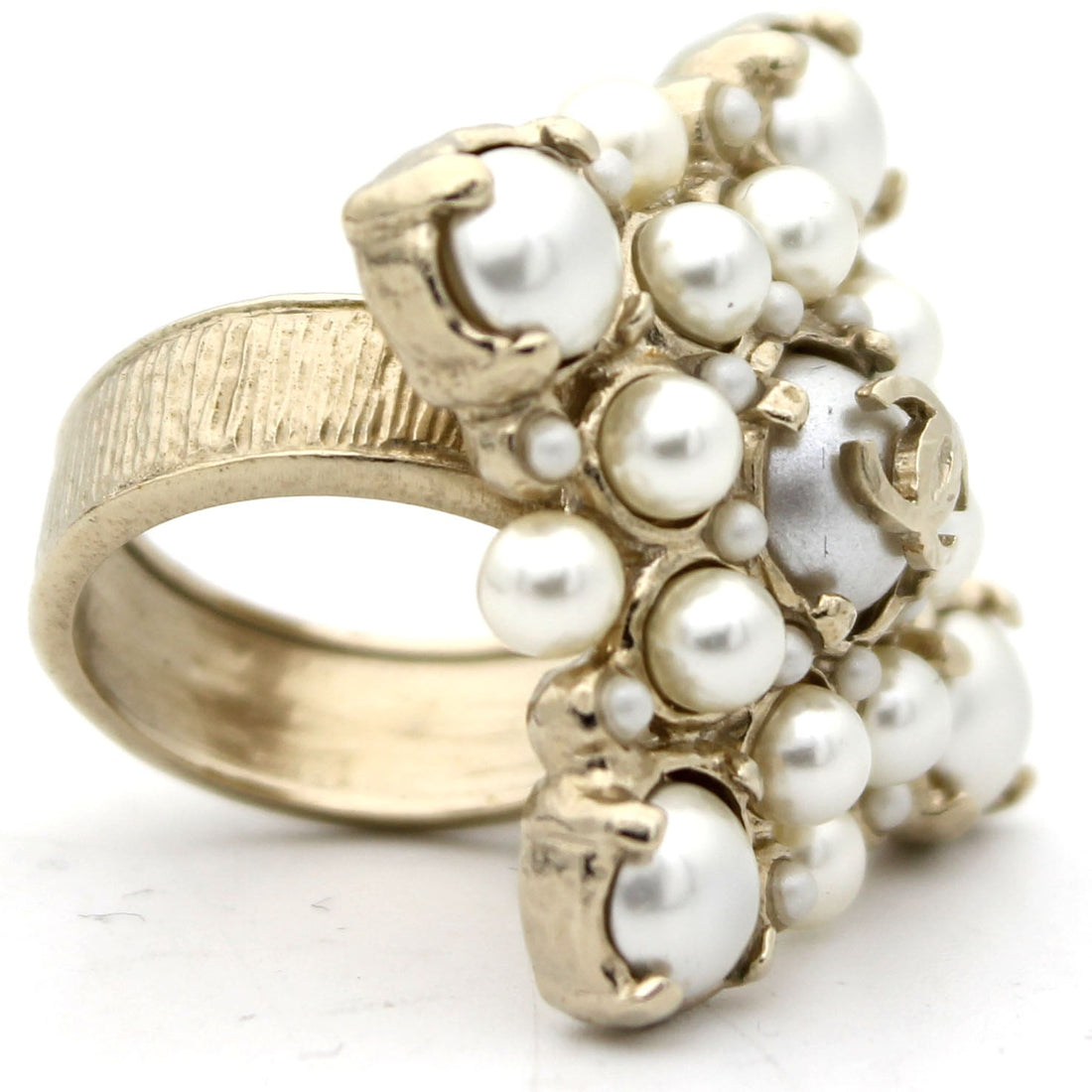 Chanel Pale Gold Tone Faux Pearl CC Ring 52