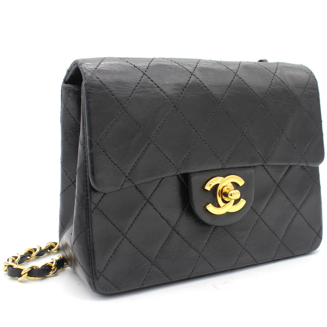 Chanel Vintage Black Quilted Leather Mini Square Classic Flap Bag