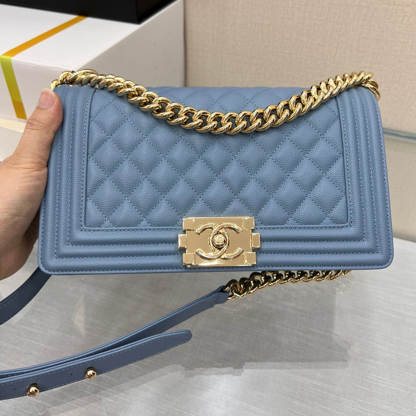 CHANEL BOY BAG MEDIUM 25 CLOUD BLUE CAVIAR GOLD HARDWARE